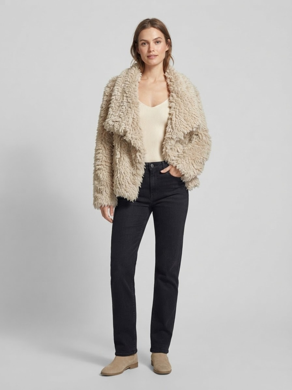 Zara Plush Teddy Jacket in Light Beige